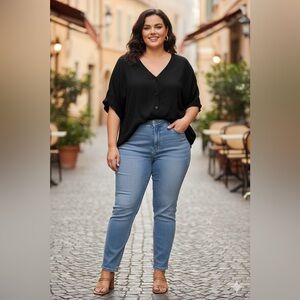 SIZE 3X NWOT Belle By Kim Gravel Black Short Bat Wing Sleeve V Neck Top